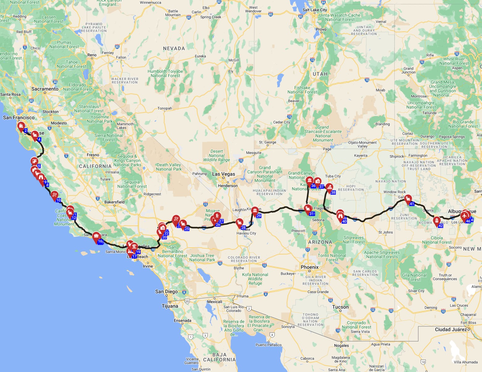 Map for San Francisco to Albuquerque